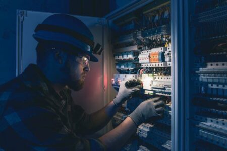 A male electrician works in a switchboard in overalls against the backdrop of emer