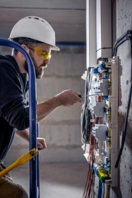 A male electrician works in a switchboard with an electrical connecting cable(2)