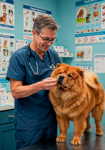 Veterinarian examining a chow chow dog at a clinic
