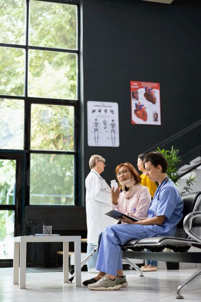 Medical assistant and asian woman discuss treatment plan and solutions